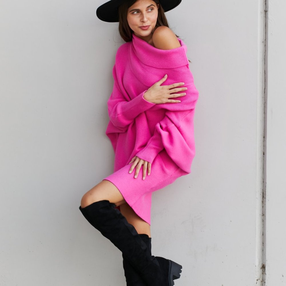 Davi & Dani Full Size Cowl Neck Dolman Sleeve Tunic Sweater